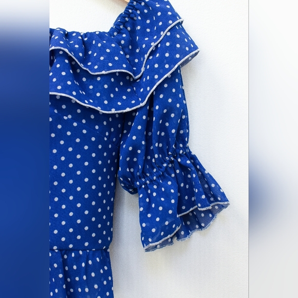 Lovers + Friends Reid Polka Dot Faux Corset Top Blue White Ruffle Size S Boho - Picture 6 of 11